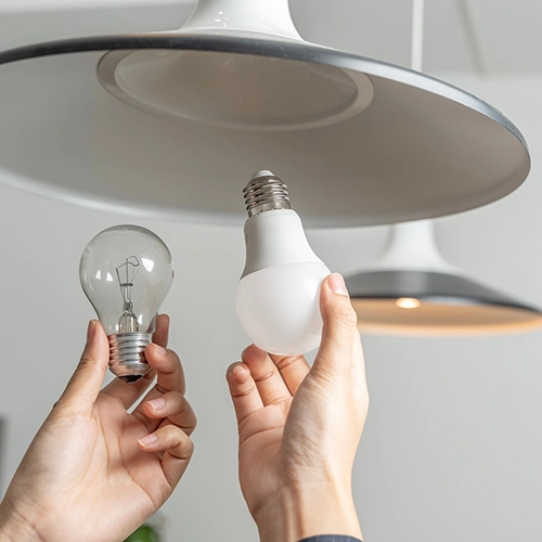 Removing an old lightbulb and replacing it with a new LED bulb